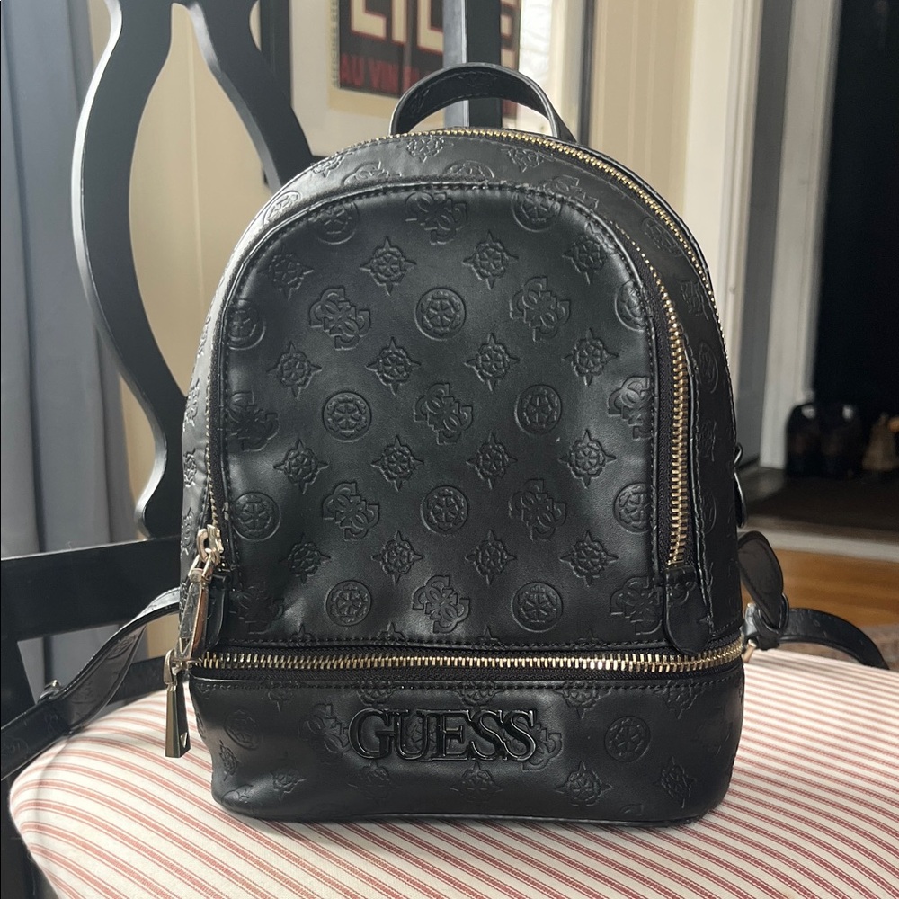 Guess Black Embossed Mini Backpack with Gold Hardware